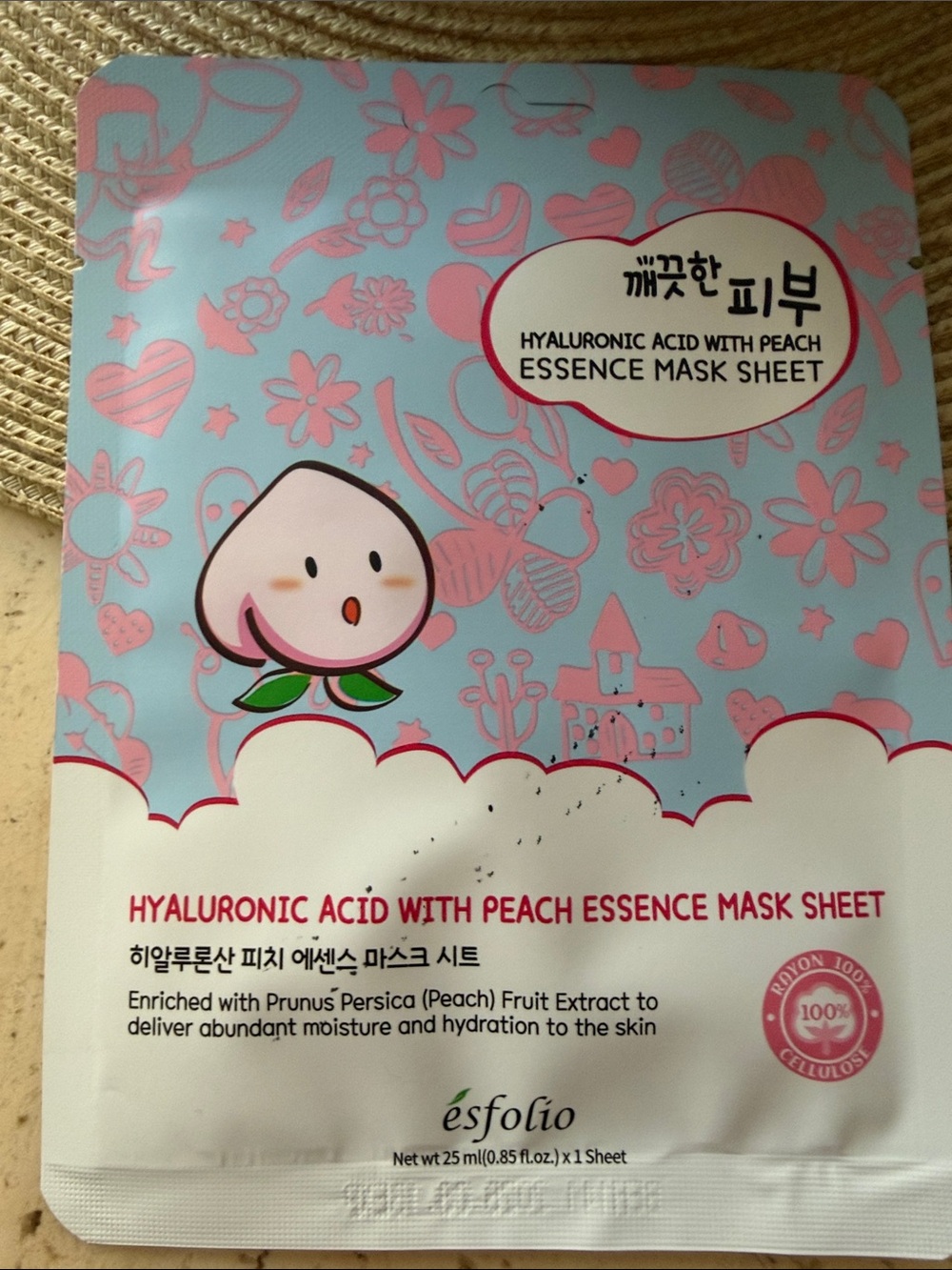 esfolio Hyaluronic Acid Peach Essence Mask Sheet - Pink & Blue Packaging